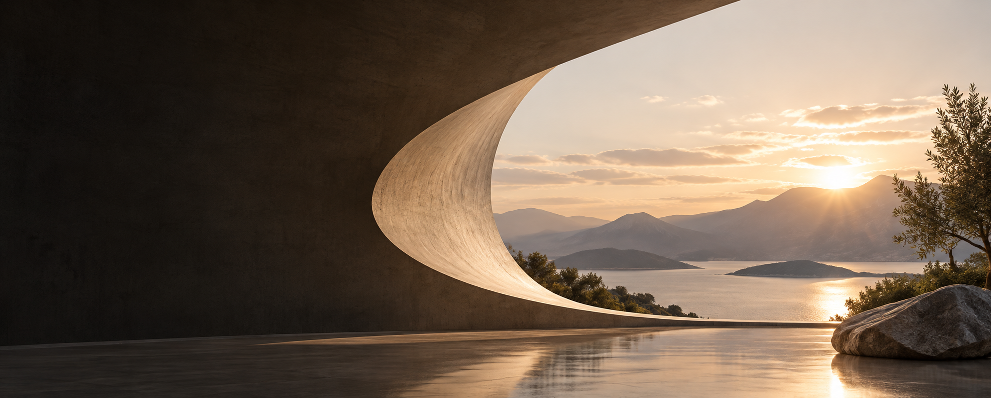 Sweeping travertine archway opening onto a lake and mountains at sunset